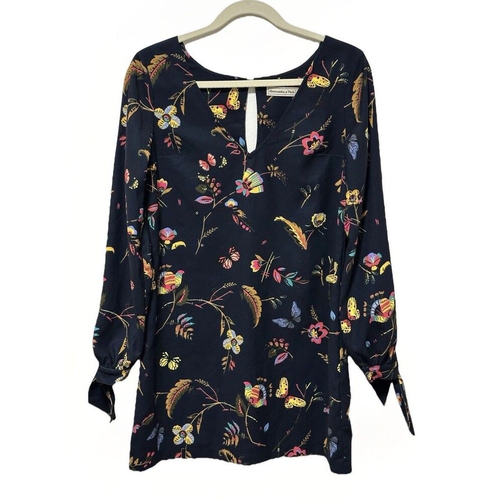Abercrombie & Fitch Women's Navy Floral Tie-Cuff Long Sleeve Mini Dress Size S